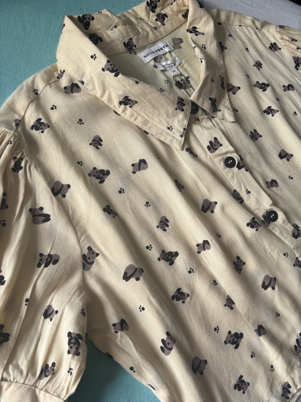 NATIVE YOUTH Ivory Cream Short-Sleeve Button-Down Shirt with Panda Print